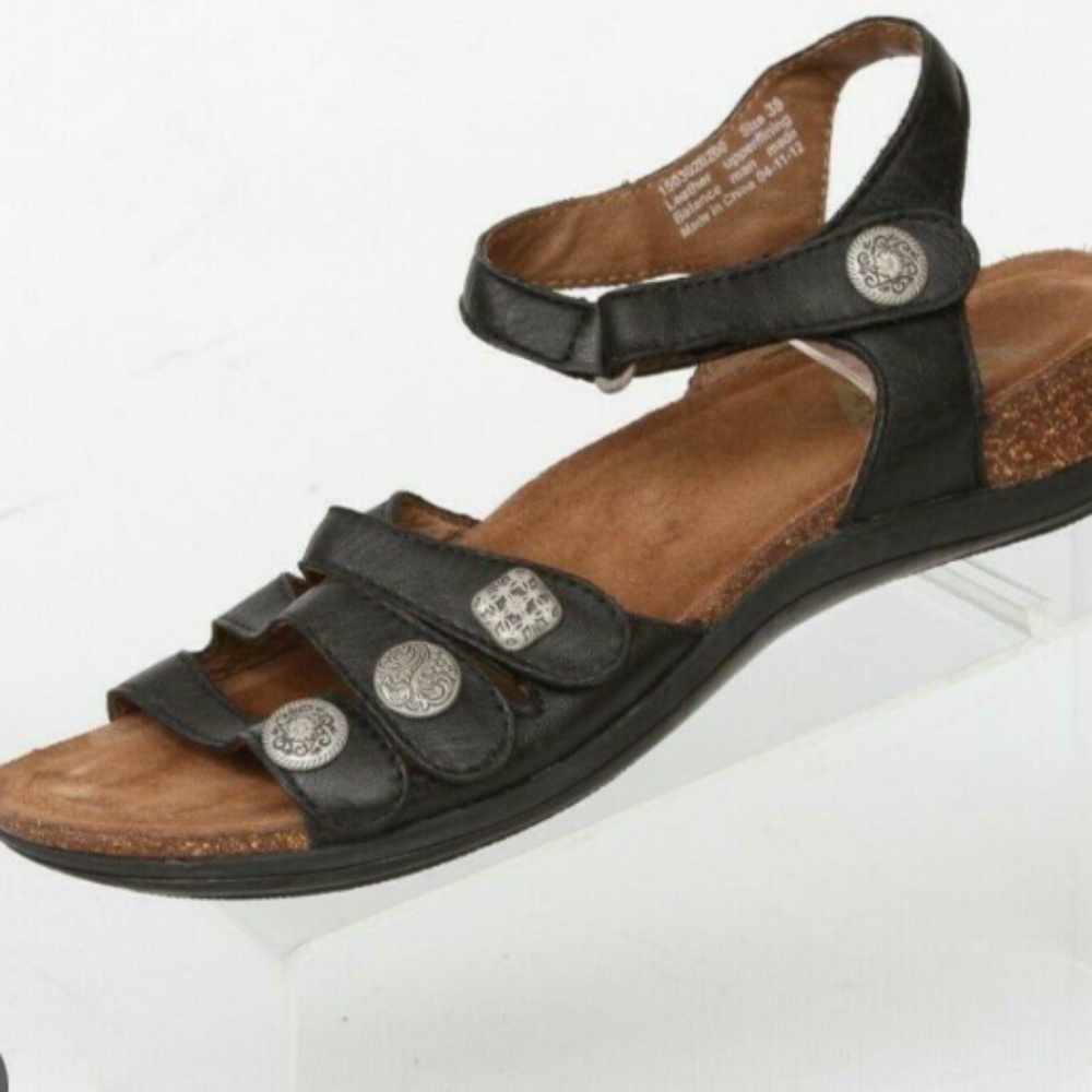 Dansko Black Leather Strappy Sandals with Silver Accent Buttons